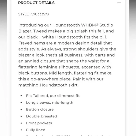 WHBM Houndstooth Tweed Suiting Blazer Fashion Lining Jacket Black White Size 10 - Picture 12 of 13